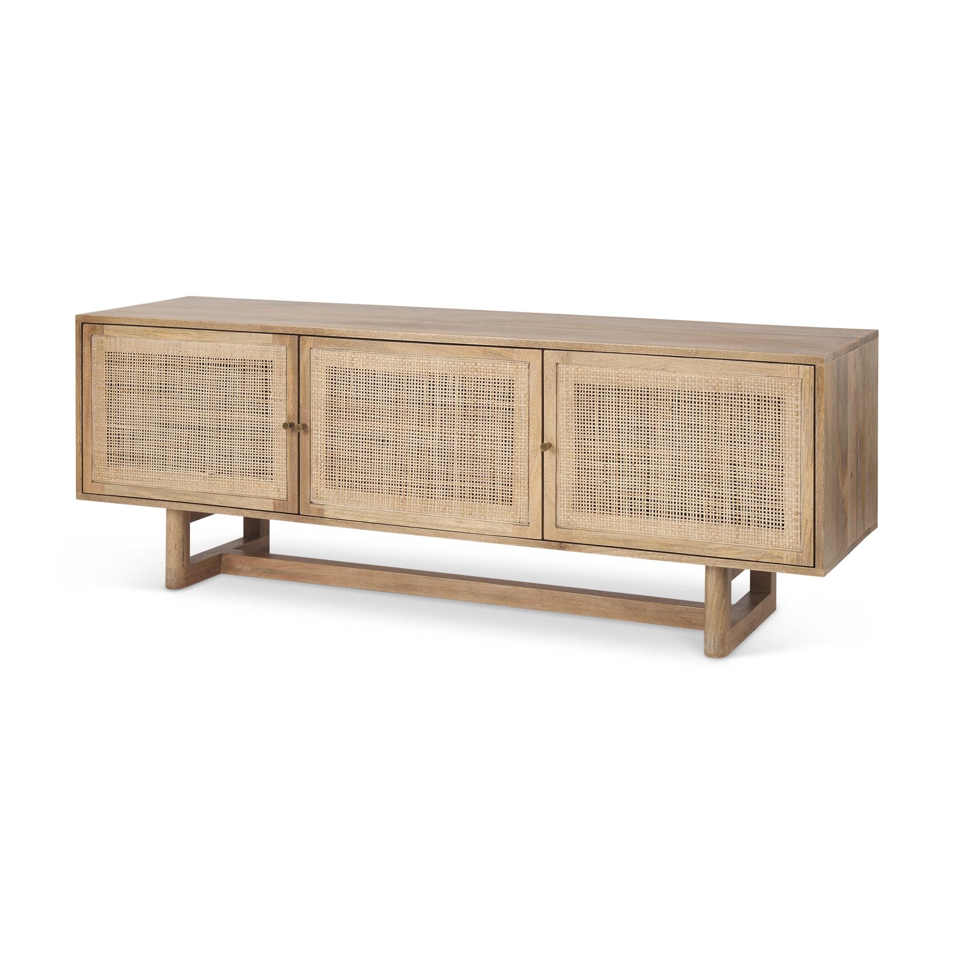 Grier Light Brown Solid Wood and Cane 3 Door Media Console