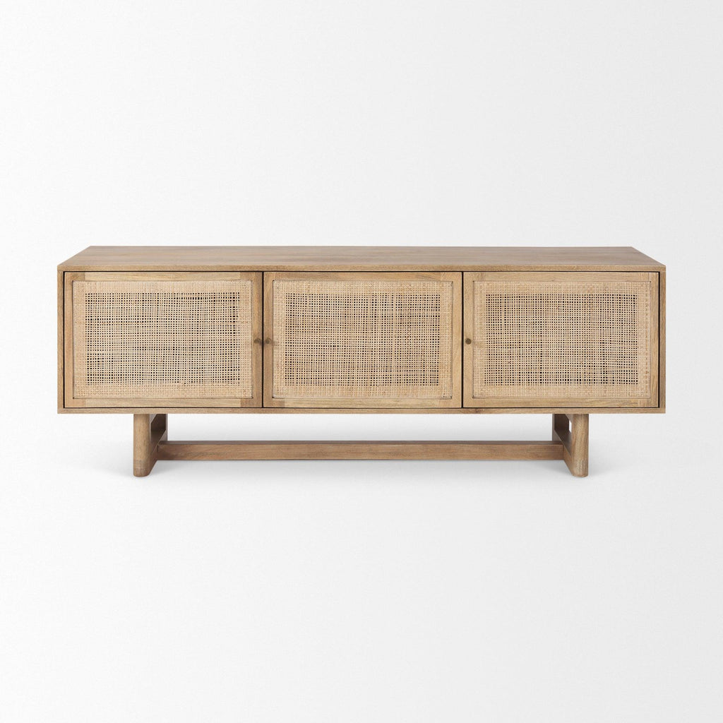 Grier Light Brown Solid Wood and Cane 3 Door Media Console