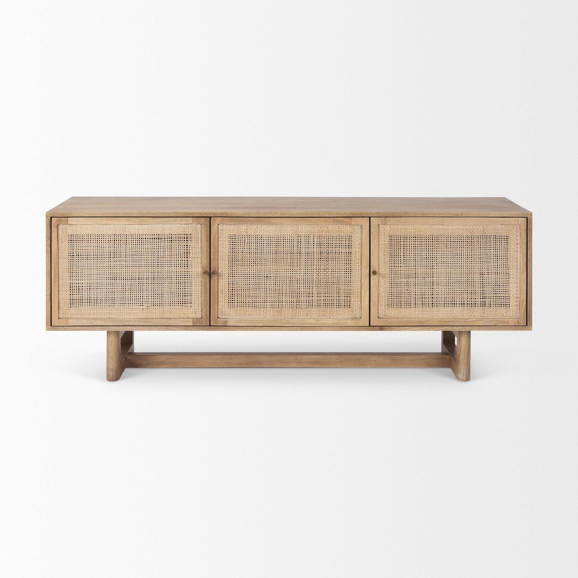 Grier Light Brown Solid Wood and Cane 3 Door Media Console