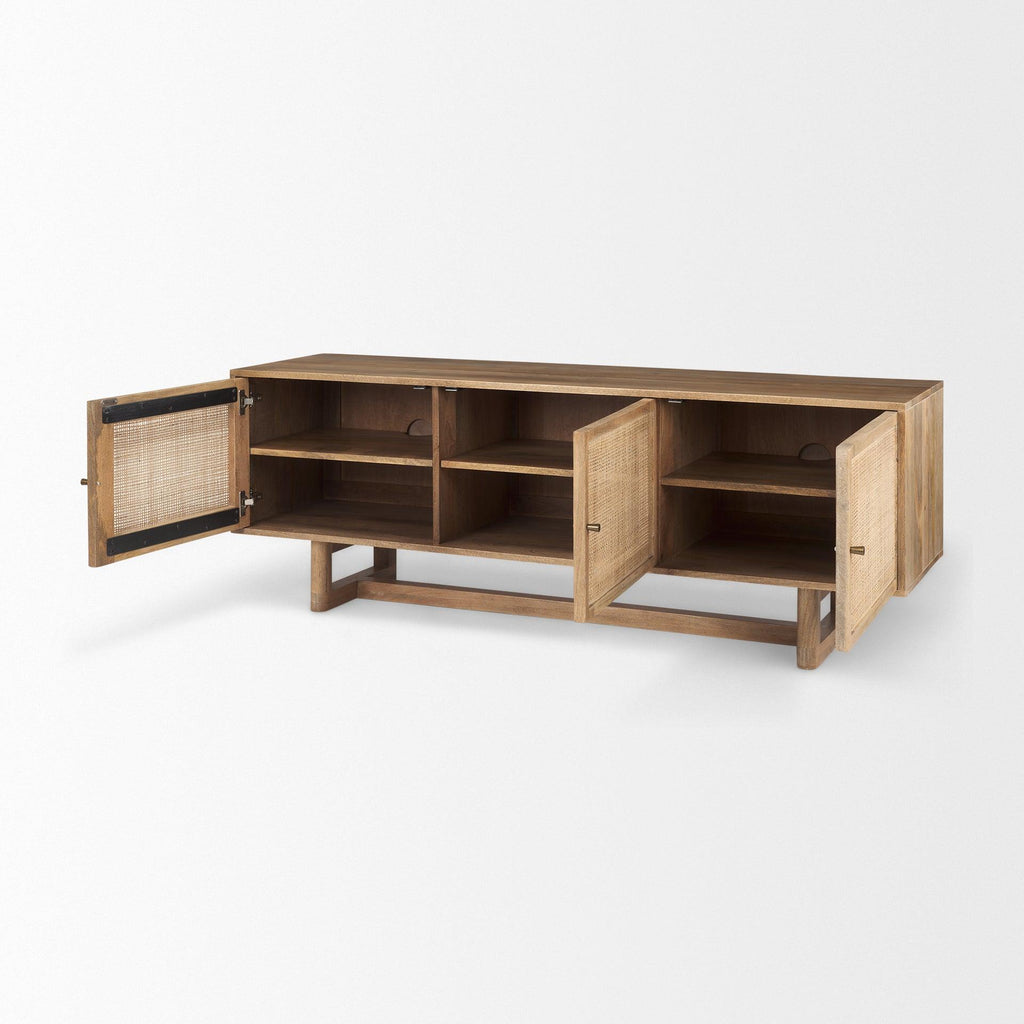 Grier Light Brown Solid Wood and Cane 3 Door Media Console